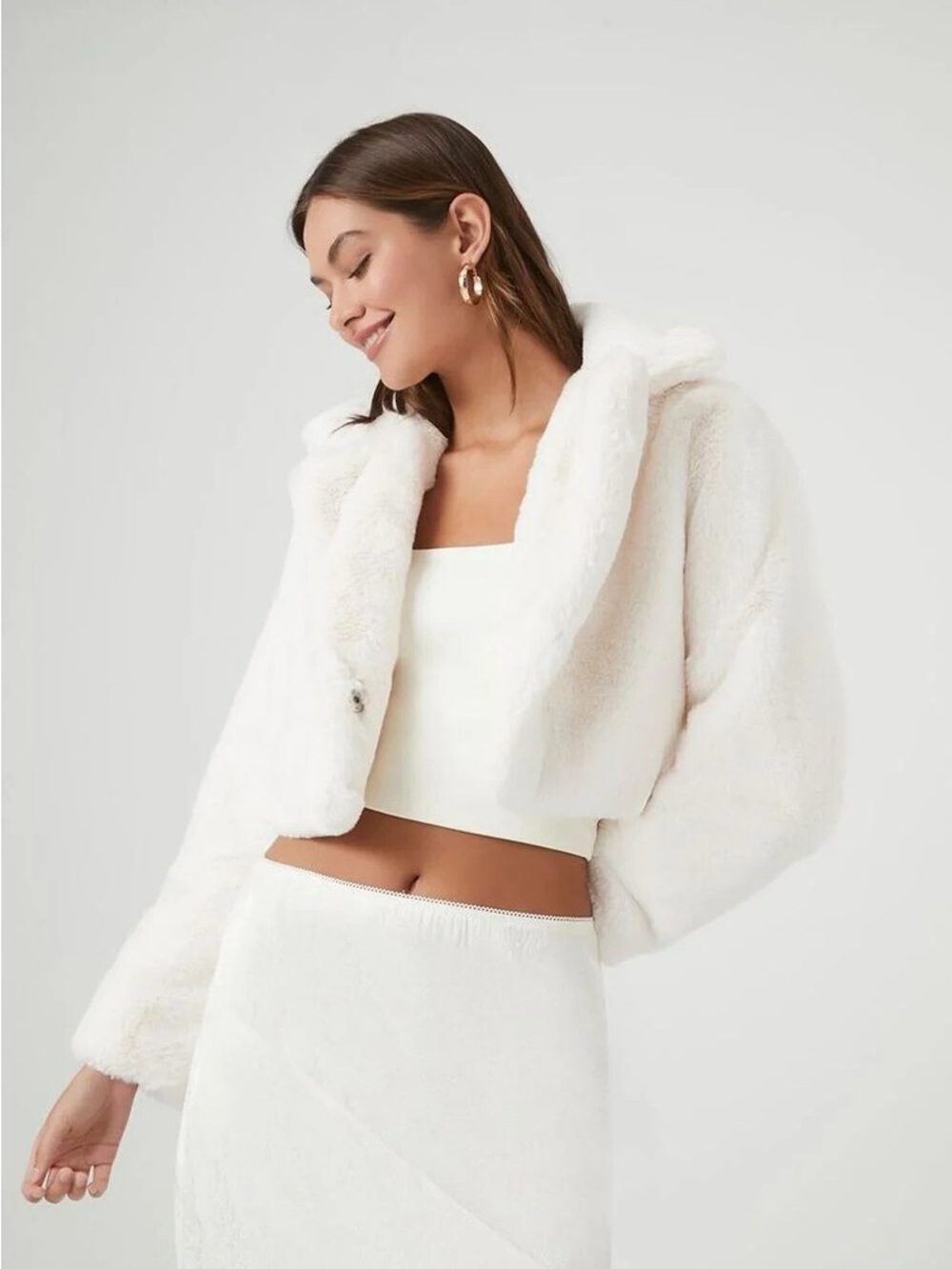 FOREVER 21 Fashion Plush Cropped Coat Faux Fur Jacket White (Baby Pink) Sz.Large - Picture 4 of 14